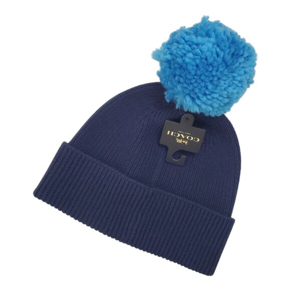 COACH Beanie Hat Cap Adult Blue Embroidered Script Logo Knit Pom Pom Designer main image 4